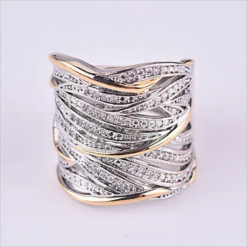 Többrétegű Kanyargós Cirkon Gyűrű A Férfiak a Nők Luxus Esküvői Zenekar Ezüst-Arany, Két szín, Hang Kristály Ujj Gyűrű Bague Femme