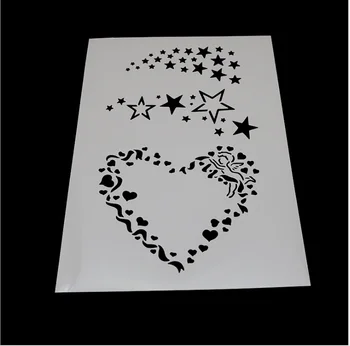 A4 29 * 21cm Szív Pentagram DIY Stencil Falon Festmény Scrapbook Színezés Dombornyomás Album Dekoratív Papír Kártya Sablon