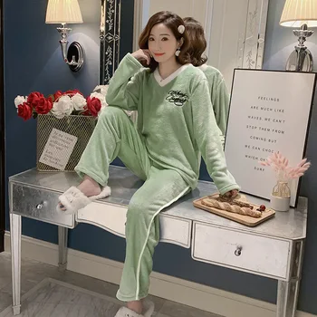 A koreai stílus, hosszú ujjú haza szolgáltatás flanel pizsama nők édes két darab V-nyakú kék köd korall bársony pizsama alkalmi ruha