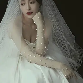 Egyszerű Esküvői Ruha Kesztyű Menyasszony Hosszú Kesztyű Fotózás, Kellékek Vékony Szakasz Háló Mesterséges Gyöngy, Mici