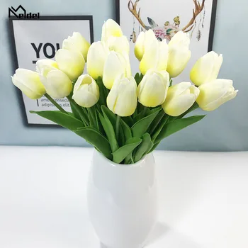 Meldel Tulipán Virág, Esküvői Csokor, Menyasszony, Koszorúslány Mesterséges PU Tulipán Virágok, Fehér, Sárga DIY Haza Fél Báli Esküvői Dekoráció