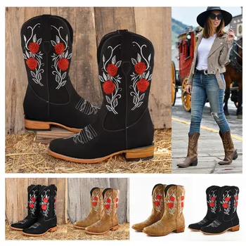 Cowboy Csizma Női lovaspásztor lányok Csizma Plus Size Hölgyek Őszi Téli Divat PU Bőr Hímzett Retro Cipő, Boka Csizma