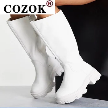 Női Boka Csizma Női Cipő Csúszik, a Közepén Borjú Platform Csizma Puha PU Bőr Hosszú Boot Lábbeli Nő Divat Ősz Tél