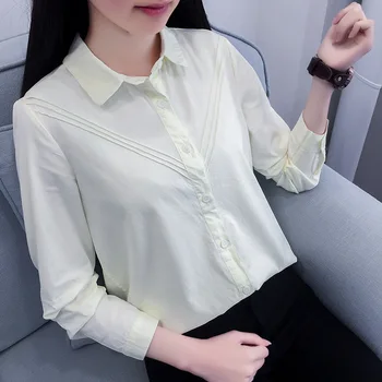 A koreai Stílus Japán Nők Túlméretezett Maximum Blúz egyszínű Shirring Fehér Pamut Hosszú Ujjú, Laza Plusz XL 2Xl Női Ing