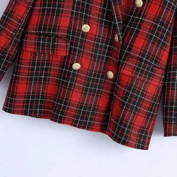 Ardm Alkalmi Piros Kockás Tweed Kabát Női Laza Dupla Soros Zsebek Kabát Street Style Elegáns Felsők Tavaszi Vintage Outwear
