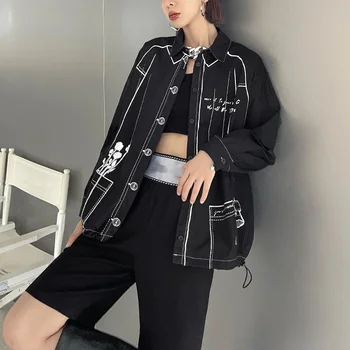 Max LuLu 2021 Fekete Hosszú Ujjú Ing, Női Streetwear Őszi Nyomtatott Punk Gombok Női Blúzok Laza Felsők Harajuku Ruhák