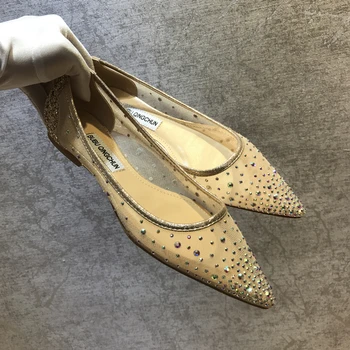 Ingyenes szállítás divat női Alkalmi Tervező Arany csillogó pont toe kristály strass pont toe lakások léhűtő menyasszony esküvői cipő