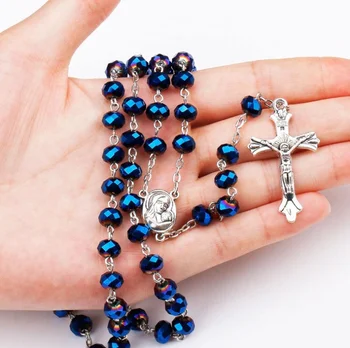 Új Kék Katolikus Rózsafüzér Nyaklánc Szűz Jézus Kereszt Vallásos Ima Ékszerek Nők