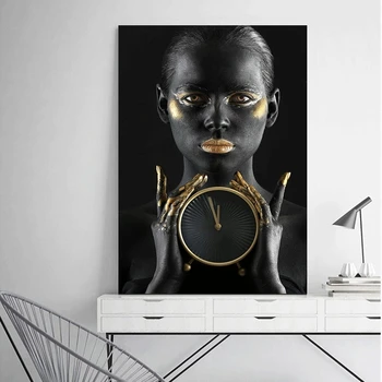 Afrikai Fekete Nők Elleni Arany Ajkai Üzem Ébresztőóra Vászon Festmény, Absztrakt Plakátokat, Nyomtatott falikép a lakberendezés