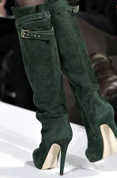 Új tervező platform csat szíj magas sarkú csizma magas minőségű zöld velúr bőrből készült magassarkú női csizma hosszú téli csizma